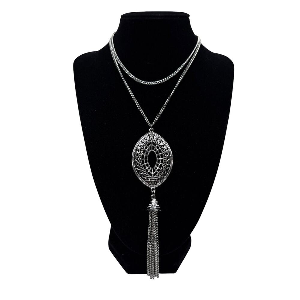 Silver Tone Long Chain Layered Necklace Oval Filigree Tassel Pendant Fashion 26"